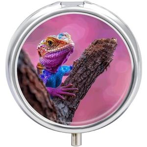 Hagedis op de tak pillendoosje 3 compartimenten reisgeneeskunde pillenorganisator 3x per dag draagbare vitamine-organizer met spiegel kleine pillendoos voor portemonnee en zak, schattige dagelijkse