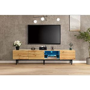 Moderne tv-kast in houtdecor met kleurveranderende lichtstrips, 175 (L) x 31 (B) x 41 (H) cm