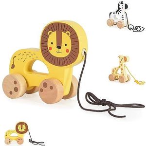 Tooky Toy trekspeelgoed houten dier, met 4 wielen, treklijn, vanaf 18 maanden, kleur: geel