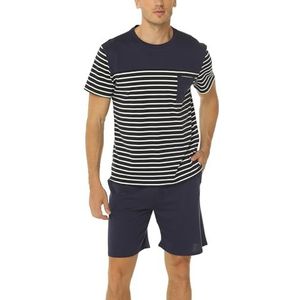 Reliwel Heren Korte Pyjama Gemaakt van Katoen Contrasterend Streepontwerp Zomer Pyjama Heren Ronde Hals Korte Mouw Top en Pyjamabroek met Zak Nachtkleding Huispak Nachtkleding