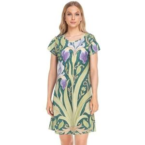 Nexawaveo Paarse Iris Groene Nachthemden Voor Vrouwen Korte Mouw Nachtshirt Voor Slapen Pullover Nachthemd S-2XL, Paars Iris Groen, XL