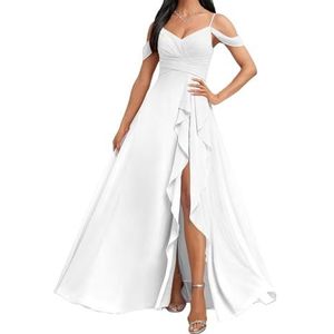 HPPEE Koude Schouder Bruidsmeisjes Jurken met Split Ruches A-lijn Chiffon Formele Avondfeestjurk, Wit, 32