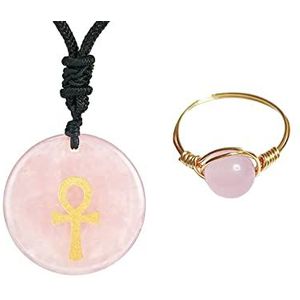 Healing Pink Crystal Wire Wrapped Edelsteen Ringen, Ronde Crystal Graveren Ankh Cross Stone Hanger Verstelbare Zwarte Touw Ketting, Sieraden voor Vrouwen Meisjes voor Reiki Healing