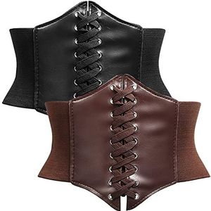 2Stuks Vrouwen Taille Corset Riem Breed Corset Retro Elastische Kant Corset Vrouwen Taille Corset Lederen Riem Vrouwen Korsetten Gebonden Waspie Corset Taille Riem Halloween Feesten Jurken (bruin)