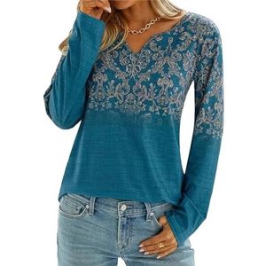 Damestop met V-hals, bloemenpatroon, modieus, losse pasvorm, casual trui voor dames, voor dagelijks gebruik, blauwe zee, S
