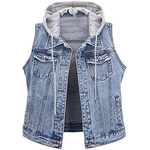 Jeansvest voor dames, met capuchon, vest, jeansjas, mouwloos, denim gilet, lichtblauw, L