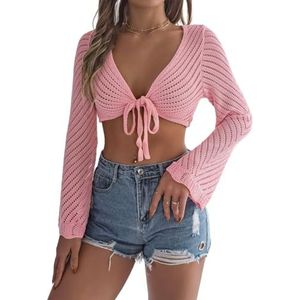 LoprNsdgt Womens Tie Front Hollow Cropped Tops Zomer Lichtgewicht Effen Kleur Cardigan Trui,Roze,L