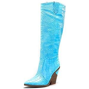 ARIASS Mode dameslaarzen, dameslaarzen, westerse slangenpatroon puntige neus dikke hak hoge laarzen, catwalk dameslaarzen (Color : Blue, Size : 36 M EU)