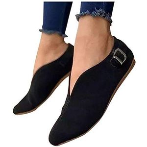 GeRRiT Zwarte enkele schoenen Puntschoen Zomerflock Casual instappers Platte damesschoenen Casual wandelschoenen for dames Wollen casual schoenen Dames Zwarte enkele schoenen (Color : Black, Size :