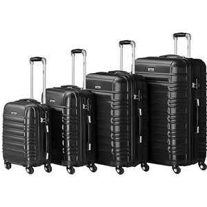 Zelsius Kofferset van 4 stuks, harde ABS-koffer met cijferslot, dubbele wielen en scheidingswand, handbagagekoffer, 4-delig, trolley, grote bagageset, zwart, Kofferset