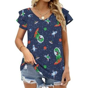 Astronaut Dinosaurus Space Surf Grafische Blouse Top Voor Vrouwen V-hals Tuniek Top Korte Mouw Volant T-shirt Grappig