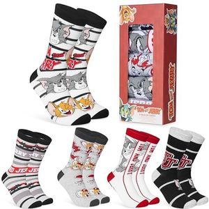 Tom and Jerry Herensokken, 5 stuks, ronde sokken voor mannen, tieners, ademend, werk, sport, casual, maat 7-11, cadeaus voor hem, Grijs/Multi, one size