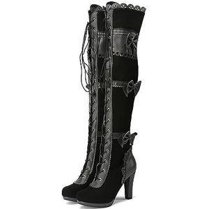 Dames Overknee Laarzen Met Blokhak Retro Middeleeuws Lange Schachtlaarzen Elegante Veterlaarzen Met Strik Herfst Winter Snowboots Met Ritssluiting Feestlaarzen (Color : Black, Size : 39 EU)