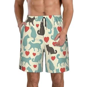PHTZEZFC Happy Walking Kitty Print strandshorts voor heren, lichtgewicht, sneldrogend, trekkoord zwembroek met zakken, Wit, XL