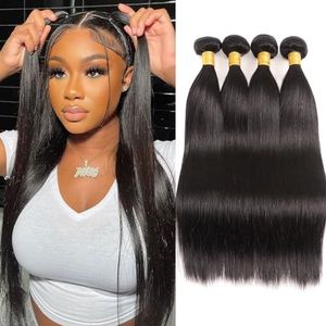 Huarisi 4 Bundles Human Hair Straight 10 12 14 16 Inch Brazilian Hair Straight Bundles Weaves for Black Women 8a Unprocessed Remy Human Hair Sew in Weaving Double Weft for Full Head