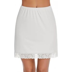 SamHeng Dames Half Slips Anti-Slips Petticoat Taille Slip Boven de knie Modale Onderrok Korte Kant Trim Dames Onderjurk, Wit, L