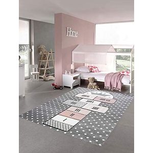 Merinos Kinderen tapijt hop en count hopscotch game tapijt in grijs roze crème maat 140x200 cm