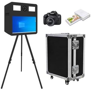 Draagbare fotocabine met 21,5 inch touchscreen, app-bediening en direct afdrukken, DSLR-fotocabine inclusief flightcase voor verhuur van huwelijksfeesten, evenementen (zwart, fotocabine + printer +