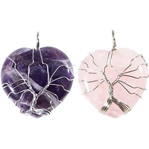 Soulnioi Healing Crystal Natuurlijke Rozenkwarts Zilveren Levensboom Draad Wrapped Hartvorm Steen Hanger voor Womens Meisjes Dames Moederdag Geschenken (1 st Rose Quartz+1 st Amethist)