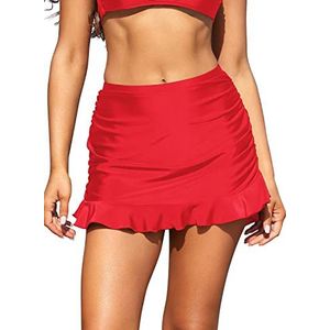 SHEKINI Dames Sportieve Badmode Ruched Korte Rok Ruches Zoom Badmode Ingebouwde Bikinibroekje Casual Zwemrok（XL,Rood）