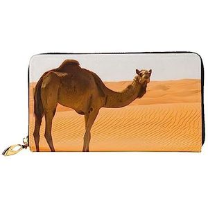 QQLADY Desert Sand Camel lederen damesportemonnee lange rits rond portemonnee clutch portemonnee voor dames meisjes telefoon portemonnee, Zwart, Eén maat, Klassiek