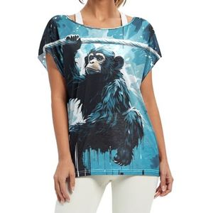 Space Blue Chimpansee dames korte vleermuismouwen shirt ronde hals T-shirts losse tops voor meisjes, Patroon, S