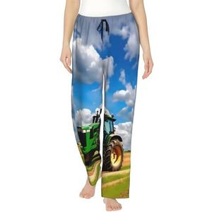 Tractor Under Blue Sky And White Clouds Print Dames Zachte Polyester Lounge Pyjama Broek - Losse Comfortabele Slaap Joggingbroek Met Zakken, Zwart, S