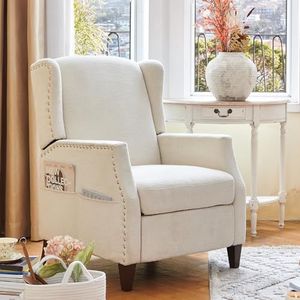 COLAMY Wingback Pushback fauteuil met opbergzak, gestoffeerde stof woonkamerstoel fauteuil, enkele verstelbare bank met houten poten en spijkerkop bekleding voor thuis/slaapkamer, beige