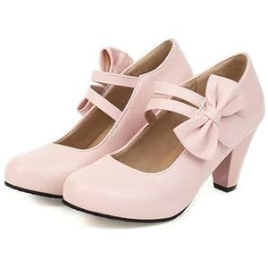 Roze ronde teen kitten hak pumps met strikje enkelbandjes - stijlvolle Lolita PU lederen dikke schoenen voor vrouwen dans en werk schoeisel, roze, 40 EU