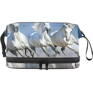 Make-up tas - grote capaciteit reizen cosmetische tas, drie witte rennende paarden, Meerkleurig, 27x15x14 cm/10.6x5.9x5.5 in