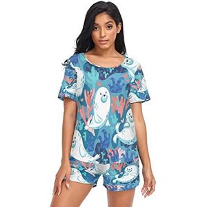 Dames Pyjama Sets Leuke Dier Seal Zomer Nachtkleding Nachtkleding T-shirt en Shorts Lounge Set voor Vrouwen Meisjes, Meerkleurig, M