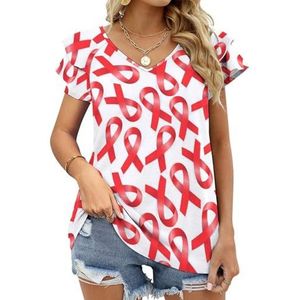 Aids Day Awareness Rood Lint Grafische Blouse Top Voor Vrouwen V-hals Tuniek Top Korte Mouw Volant T-shirt Grappig