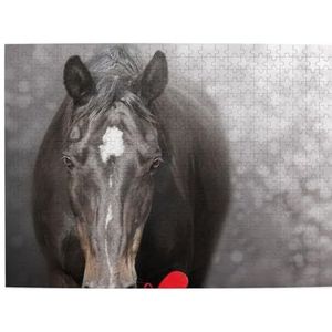 Puzzels, Houten Legpuzzels Volwassenen Uitdagende Puzzel 500 stuks Foto puzzel, Zwart Paard Met Hart