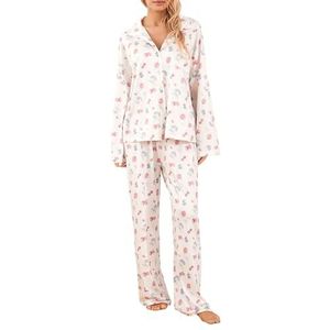 CheJooe Vrouwen Fruit Printing Pyjama Lounge Set Lange Mouw Revers Button Down Shirt Rechte Wijde Pijpen Broek Outfits 2 Stuk Bloemen Print Pyjama Set, A-wit, S