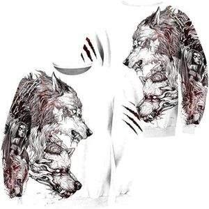 Viking Flame Fenrir Hoodie met Rits, 3D Volledige Print Noorse Mythologie Odin Wolf Tattoo Herfstmode Los Sweatshirt, Unisex Trui met Lange Mouwen en Ronde Hals(Color:Round Neck,Size:3XL)