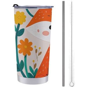 AQRJLPM Leuke dierenvos bloemen autobeker van roestvrij staal 20 oz beker met rietje en deksels lekvrij geïsoleerde roestvrijstalen reiskoffiemok pobtable voor koude warme dranken kamperen