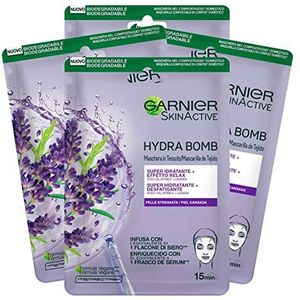 Garnier skinerend hydra bom gezicht masker in super hydraterende stof ontspannende effect veganistische formule met lavendel en hyaluronzuur met ontspannende werking huid - 4 wegwerpmaskers