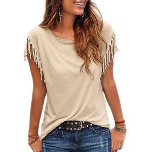 Dames Dames Kwastje Franje Zomer Losse Blouse Casual Mode Top T-shirt T-shirts voor Vrouwen Ronde Hals Korte Mouw Zomer Tops Casual Effen Kleur Tuniek Tops Korte Mouw Kwastje Knoop T-shirt, C-kaki, S