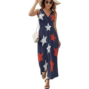 4 juli onafhankelijkheid vrijheid sterren casual maxi-jurk voor vrouwen V-hals zomerjurk mouwloze strandjurk XL