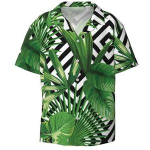 ZEEHXQ Grijs Tribal Print Mens Casual Button Down Shirts Korte Mouw Rimpel Gratis Zomer Jurk Shirt met Zak, Groene bladeren van palmboom tropische plant, 4XL