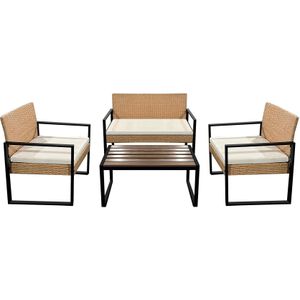 Teesa Ami 4-delige Rattan Tuin Loungeset Licht bruin - Meubelset met Bankje - Balkonmeubelset Fauteuils - Tafel loungeset