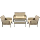 Teesa Mia 4-delige Rattan Tuin Loungeset Beige - Meubelset met Bankje - Balkonmeubelset Fauteuils - Tafel loungeset