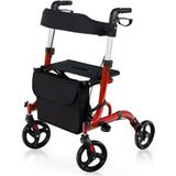 Trendmix Opvouwbare Lichtgewicht Rollator Met Zitting En Loophulp - 6-Voudig In Hoogte Verstelbaar Loopwagen - Tas En Stokhouder & 2 Remmen - Rood