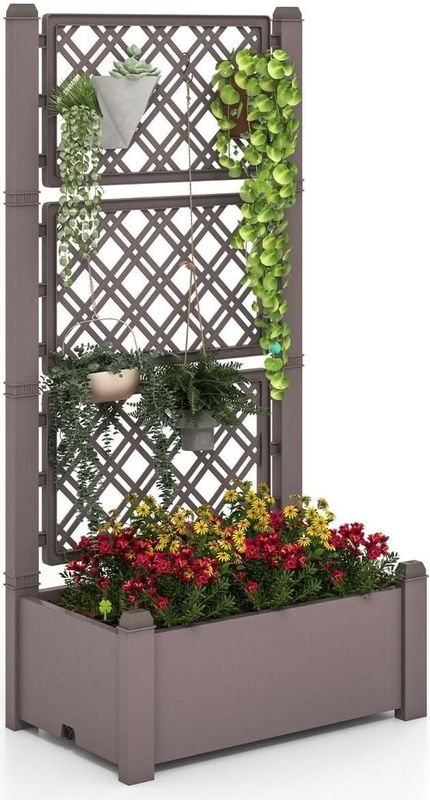 Trendmix Plantenbak met Traliewerk in Drie Hoogtes Zelfbewaterend 76 x 45 x 150 cm - Verhoogd Bed met Traliewerk en Afvoergat voor Klimplanten - Antraciet/bruin