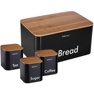 Kinghoff 1086 - broodtrommel set - zwart - rvs met hout - 35x21x25 cm