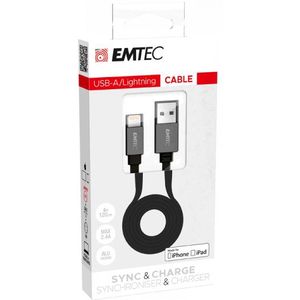 Emtec oplaadkabel USB-A naar Lightning 1,2 meter Flat zwart/zilver