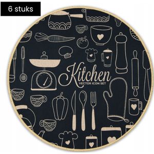 Tragar Set Van 6 Premium Placemats - Ronde Placemats - Antislip Placemat - Onderlegger - Onderzetter - 6 Stuks - Diameter 38 cm - Zwart