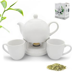 Bella Fiore Theepot Met Warmer 1L Inclusief 2 Mokken Wit - Theekan Met Warmhouder - Premium Porselein – Theeset Cadeau