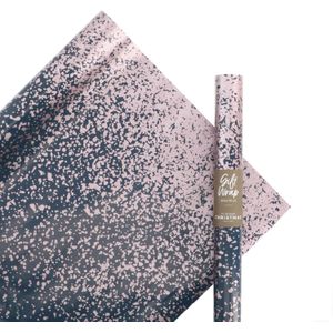 Inpakpapier mat blauw | Metallic roze spetters | 200x70 cm