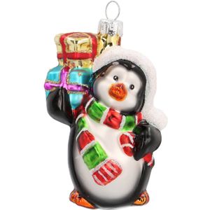 Glazen kersthanger pinguïn met cadeaus | Multikleur | 9 cm